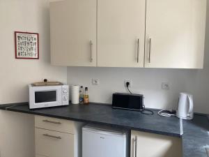 a kitchen counter with a microwave and a toaster oven at Apartment Centre Historic in Marvejols +28 photos