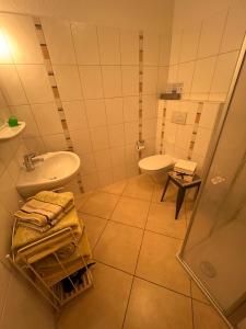 a bathroom with a sink and a toilet and a shower at Schmidt's Plaats in Norden +36 photos