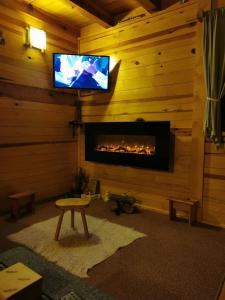 a living room with a fireplace and a television on a wall at Brvnara Tara in Bajina Bašta +12 photos