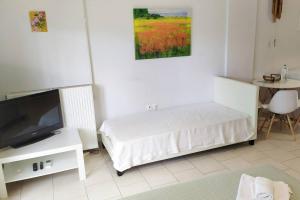 Schlafzimmer mit einem Bett, einem TV und einem Tisch in der Unterkunft Studio apartment in Kirra, ancient port of Delphi in Kírra