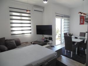 a living room with a bed and a table and a television at Kaljevic 13 in Bar