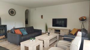 a living room with couches and tables and a tv at Villa Bad Bertrich in Bad Bertrich