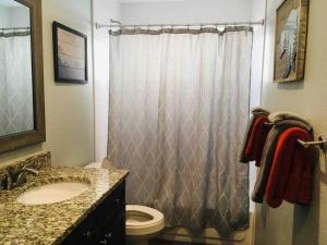 a bathroom with a sink and a toilet and a shower at The Aspen - in WPCO at 8488 ft elevation in Woodland Park