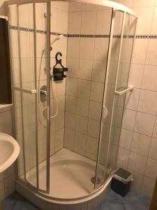 a shower with a glass door in a bathroom at EZ im Haus Maja in Holzkirchen