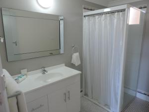 a bathroom with a shower, toilet, sink and mirror at Sussex Shores in Sussex Inlet