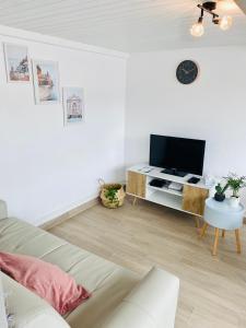 een woonkamer met een bank en een tv bij Charmant Duplex Trouville-Deauville in Trouville-sur-Mer