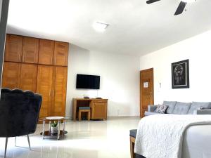 a living room with a bed and a tv at Gaia Residence Deluxe in San Felipe de Puerto Plata