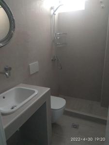 een badkamer met een toilet, een wastafel en een douche bij Alex Studios Tinos in Tinos Town