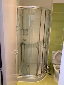 a glass shower in a bathroom with a toilet at Luxory Apartament on the Seaside, Gradina beach, St Nicholas Complex in Chernomorets