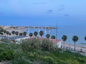 vistas a una playa con palmeras y un puerto en La Voreta, en Villajoyosa