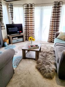 een woonkamer met een bank en een tv bij Luxury Woodland Retreat Holiday Home - Shorefield Country Park in Downton
