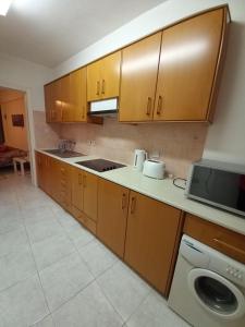 a kitchen with wooden cabinets and a sink and a microwave at Old Town apartment 2 in Larnaca