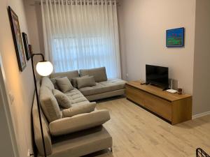 Lovely 1-bedroom Condo in Tirana WiFi-Netflix-AC في تيرانا: غرفة معيشة بها أريكة وتلفزيون