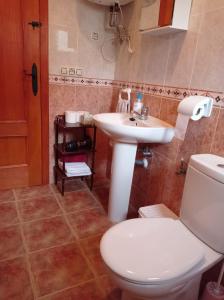 a bathroom with a white toilet and a sink at Casa Camille.Villares Elche de la Sierra in Elche de la Sierra