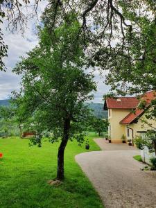 a tree in the grass next to a house at Charmantes Ferienhaus in bester Lage in Keutschach am See