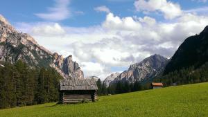 a wooden cabin in a field with mountains in the background at B&B Villa La Bercia in San Vigilio Di Marebbe