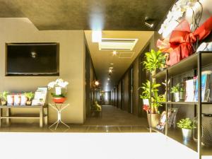 um corredor com vasos de plantas e uma televisão na parede em HOTEL LiVEMAX Tokyo Shiomi Ekimae em Tóquio