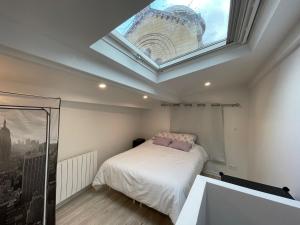 um quarto com uma cama e uma clarabóia em Maisonette de 25m2 à la porte de Paris em Gentilly