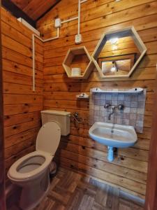 a bathroom with a toilet and a sink at Domki Pod Wzgórzem in Polańczyk