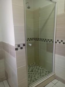 a shower with a glass door in a bathroom at Moonlight Guesthouse in Pretoria