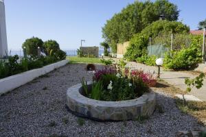 a garden with flowers in a stone circle at Nicholas Beach Studios in Lardos