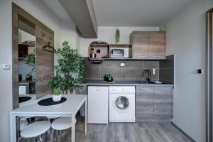 cocina con lavadora y mesa en Familia Panzió & Apartmanház Győr, en Győr