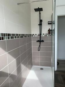 a shower with a shower head in a bathroom at Sòlfar - Amiens (hypercentre) in Amiens