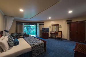 ナイバシャにあるLake Naivasha Sopa Resortのベッド、デスク、テレビが備わるホテルルームです。