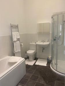a bathroom with a shower toilet and a sink at Witheys Lodge in Woodhorn