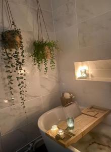 a bathroom with a tub with plants on the wall at Appartement VH III in Le Mans