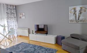 un soggiorno con TV, divano e sedia di Os Reloxos II a Mondariz-Balneario