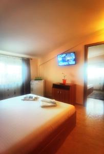 a bedroom with a bed and a tv on the wall at Casa Laura in Mangalia
