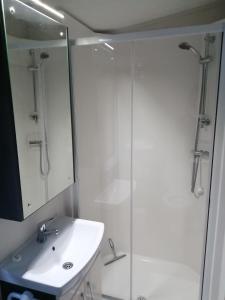 a bathroom with a sink and a glass shower at No1 Borwick Lakes in Carnforth