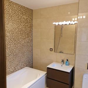 オトペニにあるWhite Galaxy Villaの浴槽と洗面台とバスタブを備えたバスルーム