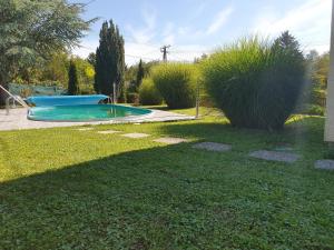 una pequeña piscina en un patio con césped en Pool house en Balatonkenese