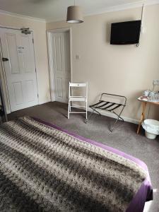 Habitación con alfombra, silla y TV. en Honeysuckle Homestead, en Dinton