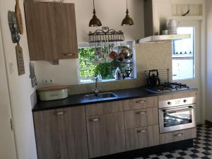 cocina con armarios de madera, fregadero y ventana en Pittoresque house near the beach, en Oostkapelle