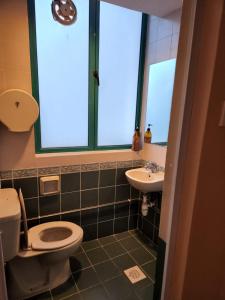 a bathroom with a toilet and a sink and a window at Hotel Duke in Singapore