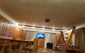 a living room with a tv on a ceiling at ECO guest house in Berd