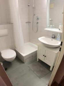La salle de bains est pourvue de toilettes, d'un lavabo et d'une douche. dans l'établissement Apartment Inge, à Greifswald