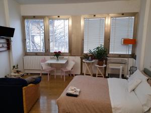 a living room with a bed and a table and windows at Appartamento luminoso Crema - parcheggio gratis in Crema