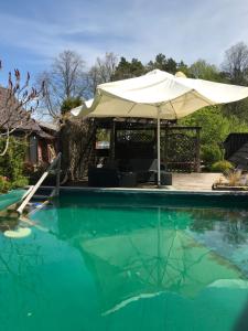 a swimming pool with a white umbrella and a patio at Brīvdienu māja"Jauneglites" in Skulte