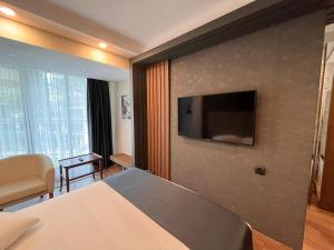 薩潘賈的住宿－Cabir Deluxe Hotel Sapanca，配有一张床和一台平面电视的酒店客房