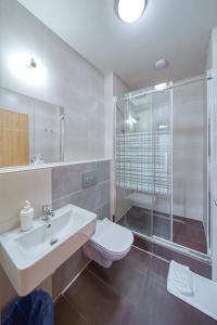 W łazience znajduje się toaleta, umywalka i prysznic. w obiekcie Hostel Orange w Pradze +37 zdjęć