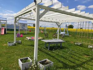 a pavilion with a picnic table in a field at Folwark Malinowy Chruśniak in Bisztynek