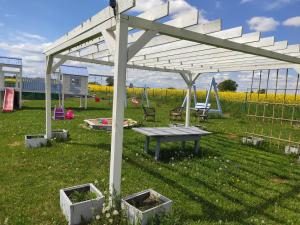 a pavilion with a picnic table in a field at Folwark i apartameny Malinowy Chruśniak in Bisztynek