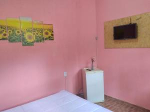 - une chambre avec un lit et une télévision sur un mur rose dans l'établissement Valle Rural, à Pedro Leopoldo