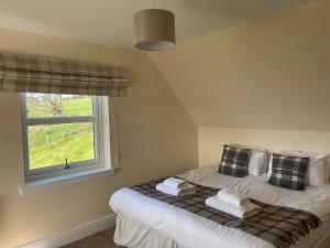 a bedroom with a bed with pillows and a window at Highland Farm Cottages in Dingwall