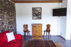 salon z czerwoną kanapą i telewizorem w obiekcie Goldberg Appartement w mieście Krems an der Donau