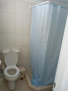 a bathroom with a toilet and a blue shower curtain at VILLA SISSY in Agia Paraskevi